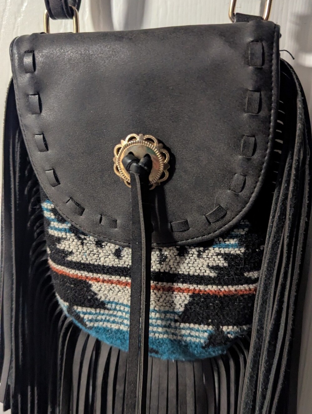 Fringe Crossbody Bag with Aztec Weave Accent